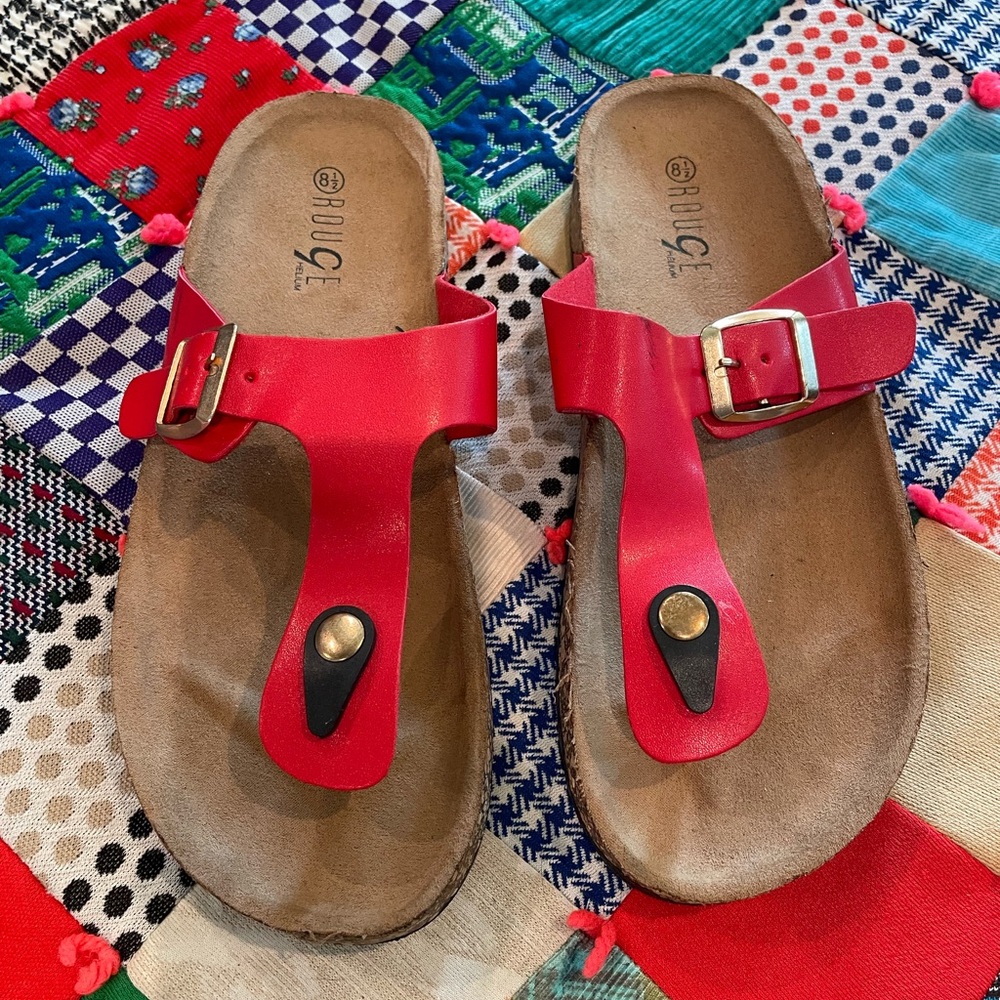 Rogue | Helium | Birkenstock(ish) | Red | Cork Footbed | T-Bar Flat | USW 8.5